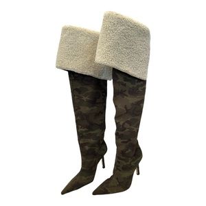 Good American Green Camouflage Heel Tall Boots with Sherpa Around the Top Size 9